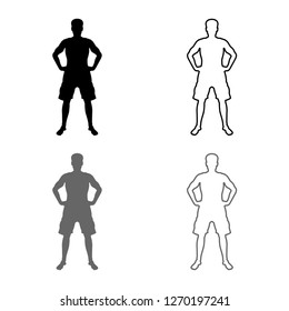 Man holding hands on belt confidence concept silhouette serious master of the situation front view icon outline set grey black color