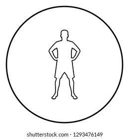 Man holding hands on belt confidence concept silhouette manager business icon black color outline vector illustration flat style simple image in circle round