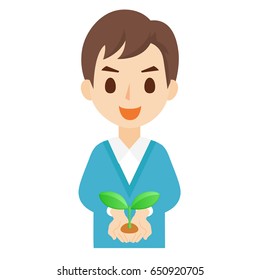 Man holding in hands plant growing inside. Vector illustration