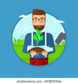 Man holding in hands plastic bottle with plant growing inside. Man holding plastic bottle used as plant pot. Recycling concept. Vector flat design illustration in the circle isolated on background.