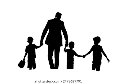 A man is holding the hands of three children. The man is wearing a suit and tie