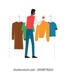Man holding hanger with casual clothes to choose outfit vector illustration