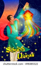 Man holding hanging kandil lantern lamp for Happy Diwali night celebrating holiday of India. Vector illustration