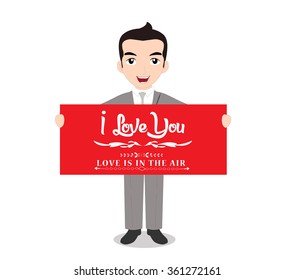The man holding happy valentines day note. i love you