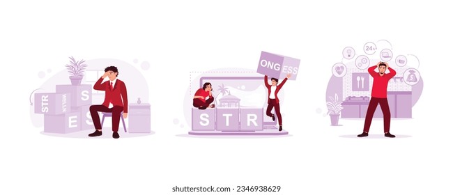 Man holding head against cubes inscribed stress and health in background. The man by changing the word stress to strong. Man holding head with many thoughts. Set Trend Modern vector flat illustration