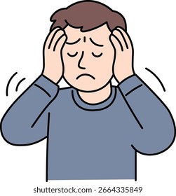 Man holding head with both hands illustration for stress, headache, and trouble concepts