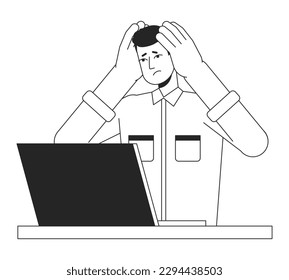 Man holding head with hands and looking in laptop flat line black white vector character. Editable isolated outline person. Simple cartoon style spot illustration for web graphic design, animation