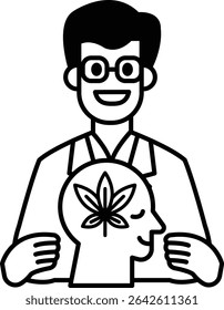 A man is holding a head with a leaf on it. The man is smiling and the head is smiling as well. Concept of happiness and positivity