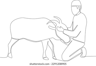 A man holding the head of a sacrificial goat. Eid al-Adha one-line drawing