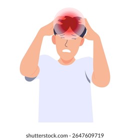 Homem segurando a cabeça, mal-estar, dor de cabeça intensa. Enxaqueca. Ilustração vetorial sobre fundo branco.
