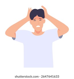 Homem segurando a cabeça, mal-estar, dor de cabeça intensa. Enxaqueca. Ilustração vetorial sobre fundo branco.
