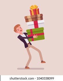 Man holding a heap of gift boxes. Boyfriend caring an impressive stack of holiday presents packed with nice ribbons to give for special occasion or event. Vector flat style cartoon illustration