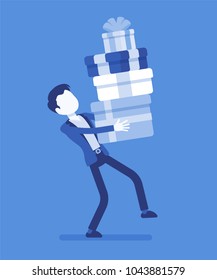 Man holding a heap of gift boxes. Boyfriend caring an impressive stack of holiday presents packed with nice ribbons to give for special occasion or event. Vector illustration with faceless characters