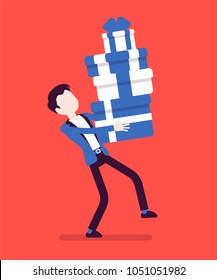 Man holding a heap of gift boxes. Boyfriend caring an impressive stack of holiday presents packed with nice ribbons to give for special occasion or event. Vector illustration with faceless characters