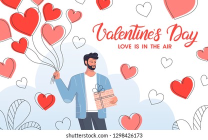 Man holding heart balloons and gift box.Cute cartoon character.Romantic illustration perfect for greeting cards prints,flyers,posters,invitations and more.Valentines day card concept.