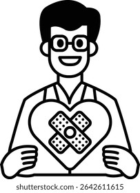 A man is holding a heart with bandages on it. He is smiling and he is happy