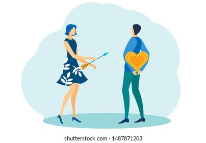 Man Holding Heart behind his Back, Woman Going Towards with Arrow Flat Cartoon Vector Illustration. Couple Find Understanding and Building Love Relationships. Valentine's Day Greeting.