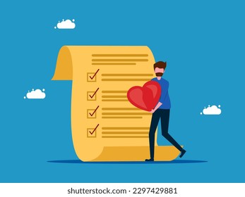 man holding heart with checklist papers. life and future planning
