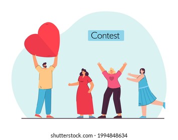 Man holding heart, choosing between several lovers. Girls liking one man flat vector illustration. Contest, love, relationship concept for banner, website design or landing web page