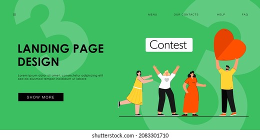 Man holding heart, choosing between several lovers. Girls liking one man flat vector illustration. Contest, love, relationship concept for banner, website design or landing web page