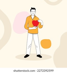 A man holding a heart in his hands vector character illustration for medical heart day and valentines day.