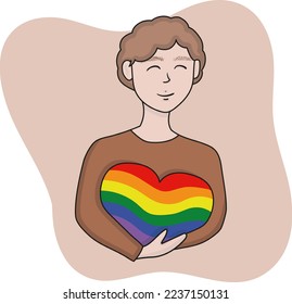 Man holding a heart of LGBT flag colors. Gay, lesbian, bisexual, transgender, gender, love is love, queer, genderqueer, intersex, non binary, genderfluid, asexual, straight, heterosexual