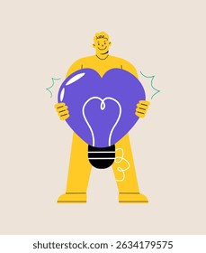 Man holding a heart shape light bulb. Colorful vector illustration 
