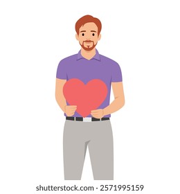 Man Holding a Heart Symbol of Love. Flat vector illustration isolated on white background