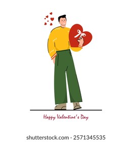 A man holding a heart-shaped gift with a bow for Valentine's Day
