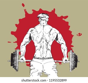 A man holding a heavy barbell, pumping muscles, back view, hand drawn doodle, sketch black and white outline vector illustration, red paint splash on soft brown background