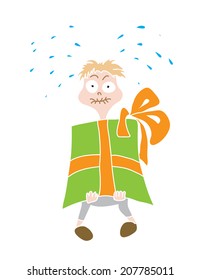 man holding heavy gift box, vector illustration