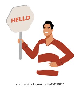 Man Holding A Hello Sign In Flat Vector Illustration Symbolizing Greeting, Introduction, And Social Interaction, Isolated On White Background