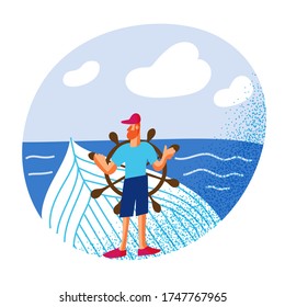 Man holding helm, sailing on yacht or ship in sea. Sailor captain yachting in ocean. Vector character illustration of active water sports, summer holiday in tropical resort, hobby and tourism vacation
