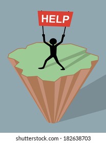 man holding help sigh, marooned on small island with cliffs 