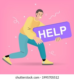 Man holding help sign. Concept of stress and burnout. Vector Illustration
