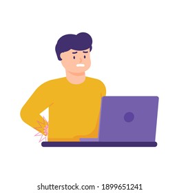 a man holding her waist because of back pain. tired from work, too long working or playing too long on the laptop. expression of a person in pain. flat style. vector design element.