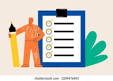 Man holding a highlighter at large complete checklist with tick mark. Time management, checklist and successful self organisation concept. Colorful vector illustration
