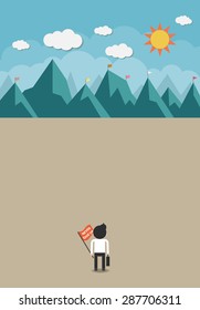The man holding his bag and flag with never give up word will climb up to top of the mountain