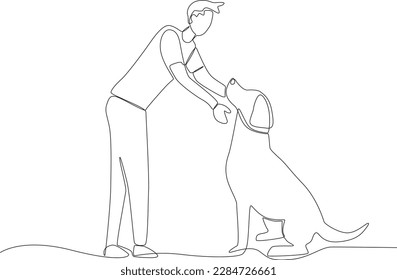 A man holding his dog by the neck. Walking or playing with dog one-line drawing