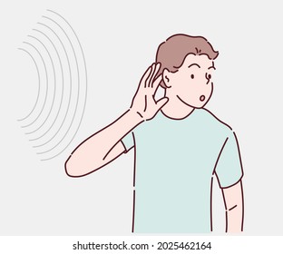 Man holding his ear to listen  hand over ear listening   hearing to rumor gossip  Hand drawn in thin line style  vector illustrations 