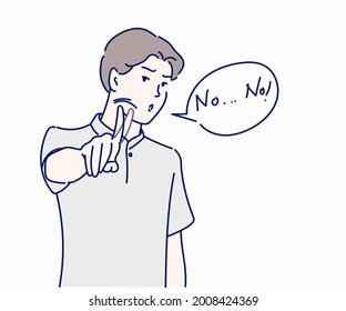 A man was holding up his finger and Saying No!. Hand drawn in thin line style, vector illustrations.