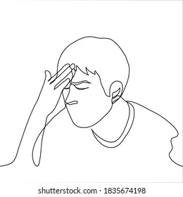 man is holding his forehead, his eyes are closed. one line drawing concept man suffering from headache, migraine.