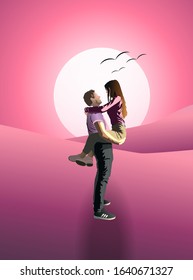 Man holding his girlfriend in arms at pink sunset. Birds flying in the sky. Valentines day idea