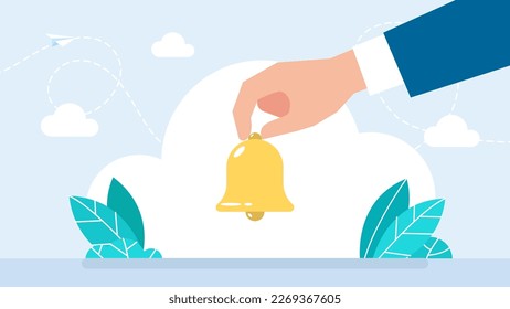 Man holding in his hand the bell. A businessman is ringing small bell that he is holding with his fingers. Concept of notification, reminder, call, attention. Call for knowledge. Vector illustration