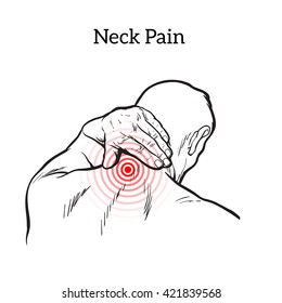 man holding his hand over his neck, back view. Realistic sketch illustration of male neck, disease of spine and joints, stretching muscles, vector