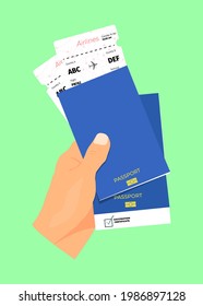 A man holding in his hand two passports with a vaccination certificate and plane tickets. Vaccination stamp in the passport. Flat style. Vector illustration