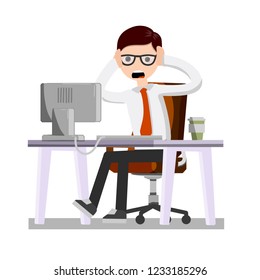 Man holding his head. Broken equipment. Broken computer. Crash the system.  Office Crazy scared boss behind the monitor. Confused businessman. Cartoon flat illustration