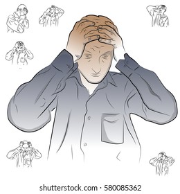 A man holding his head, headache, migraine. color illustration on the theme of pain.