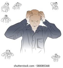A man holding his head, headache, migraine. color illustration on the theme of pain.