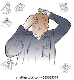 A man holding his head, headache, migraine. color illustration on the theme of pain.
